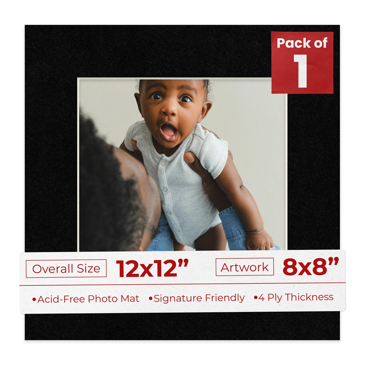 Black with Black Core Mat Board for 12x12 Frames - Fits 8x8 Photos